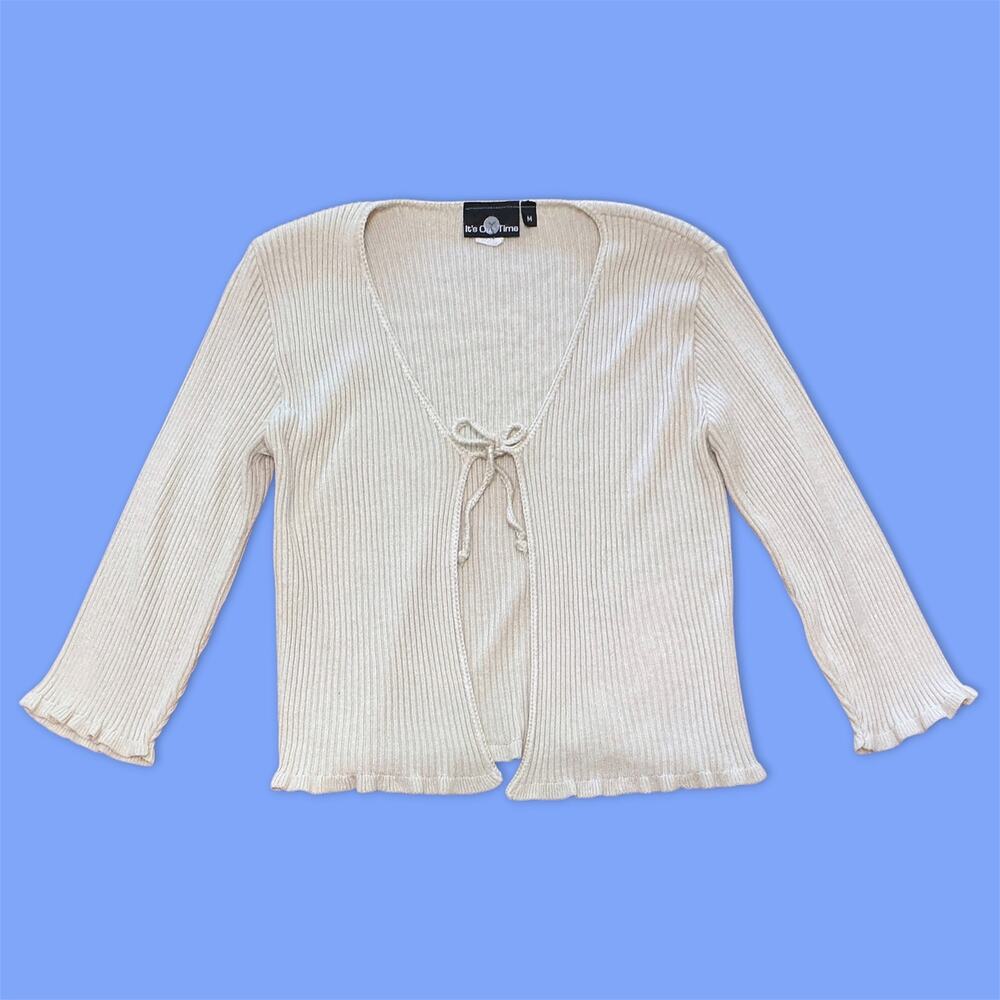 Y2K 2000s 00s Beige Cardigan Sweater Top Open Front Tie Up Ribbed - Size Medium